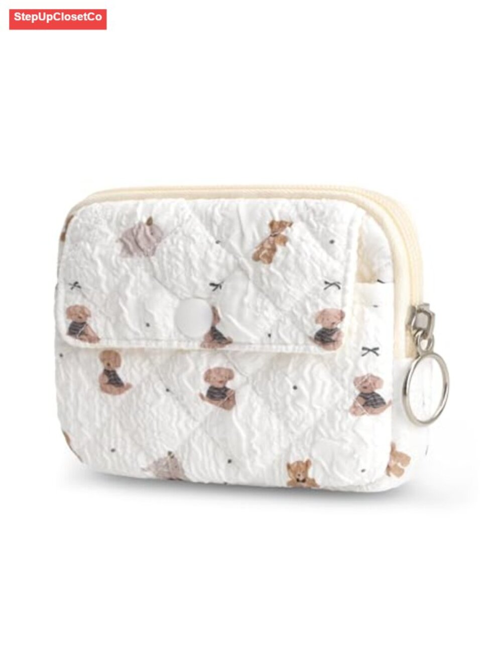 Quilted Floral Coin Purse Wallet for Women with Keychain, Compact Zipper Pouch